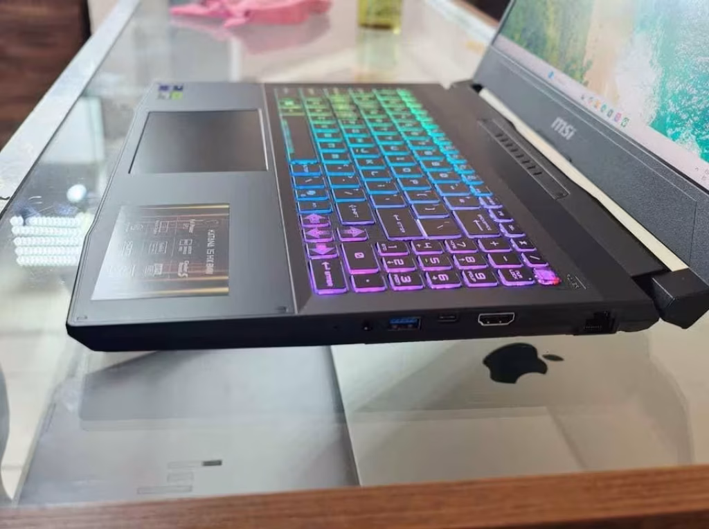 MSI Katana 15 Core i7 RTX 5050 gaming laptop showcasing the right side ports, including USB Type-A, USB Type-C, HDMI, and RJ45 Ethernet port for versatile connectivity.