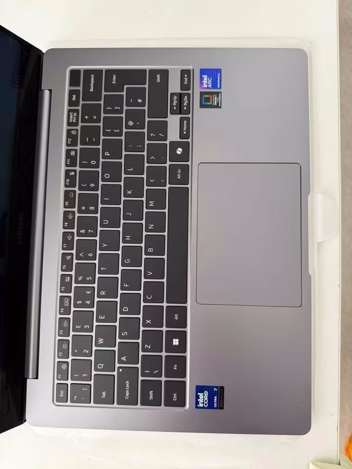 Samsung Galaxy Book6 Pro laptop keyboard and trackpad close-up with Intel Core Ultra 7 and Intel Arc Graphics badges