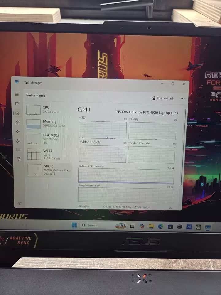 ASUS gaming laptop with NVIDIA GeForce RTX 4050 Laptop GPU shown in Windows Task Manager Performance testing