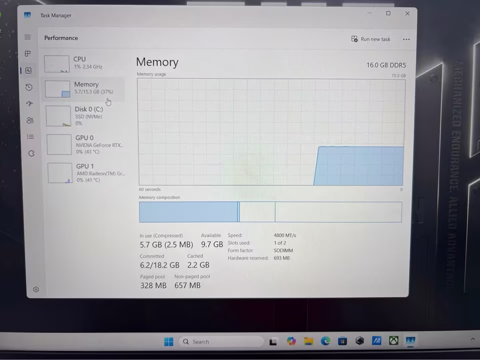 ASUS TUF A16 Ryzen 7 laptop showing Windows Task Manager Memory performance with 16 GB DDR5 RAM running at 4800 MT/s