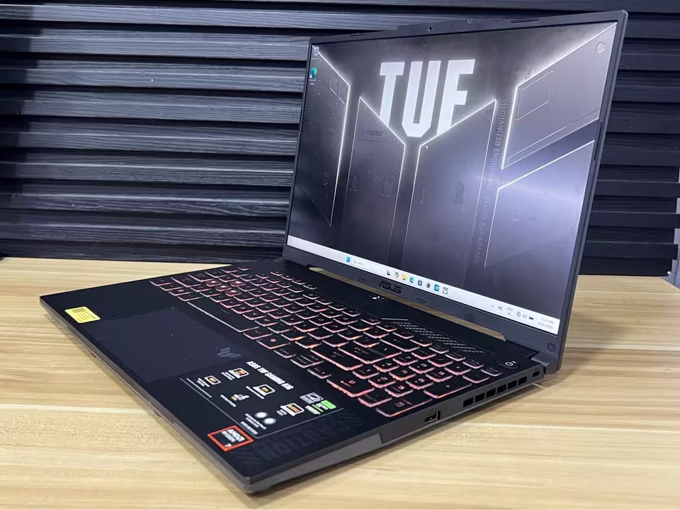 ASUS TUF A16 Ryzen 7 gaming laptop showing the right-side USB Type-A port and ventilation vents