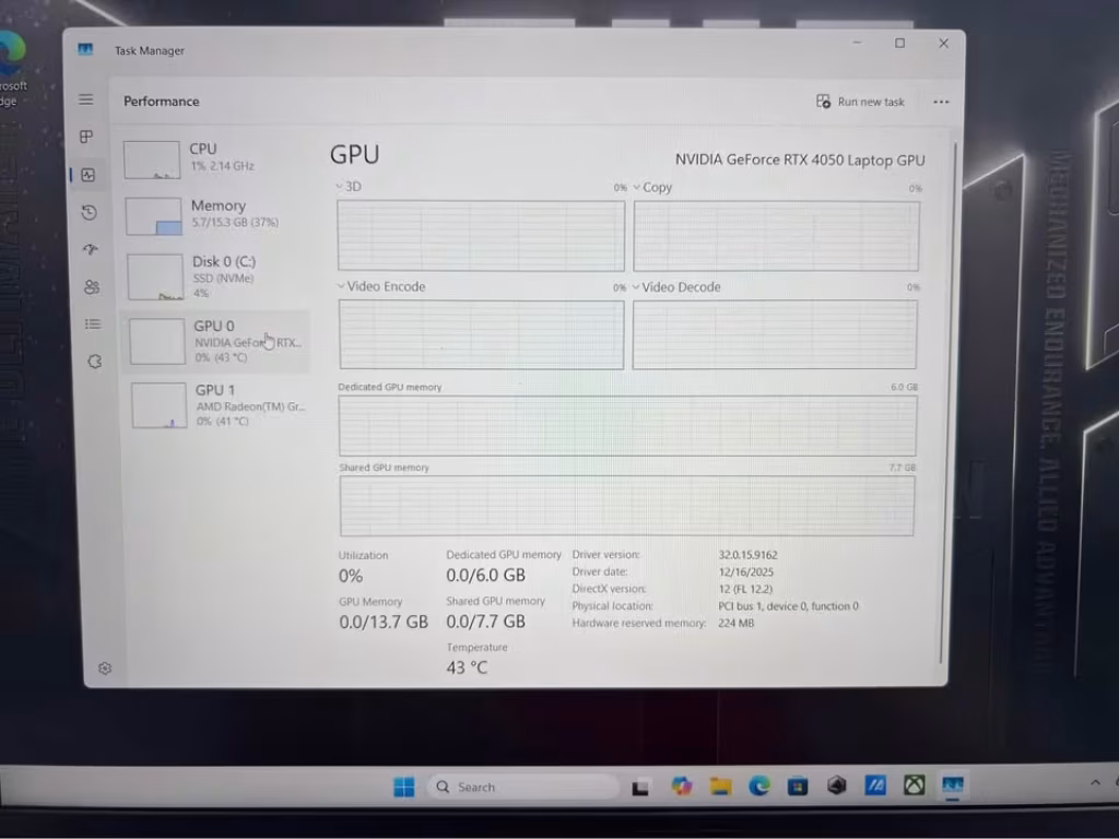 ASUS TUF A16 Ryzen 7 laptop showing Windows Task Manager GPU performance for the NVIDIA GeForce RTX 4050 Laptop GPU