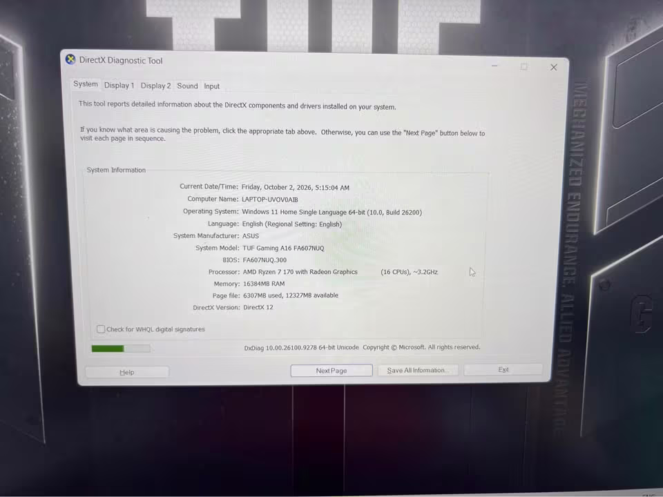 ASUS TUF Gaming A16 FA607NUQ laptop showing DirectX Diagnostic Tool system information with AMD Ryzen 7 processor, 16GB RAM, Windows 11, and DirectX 12