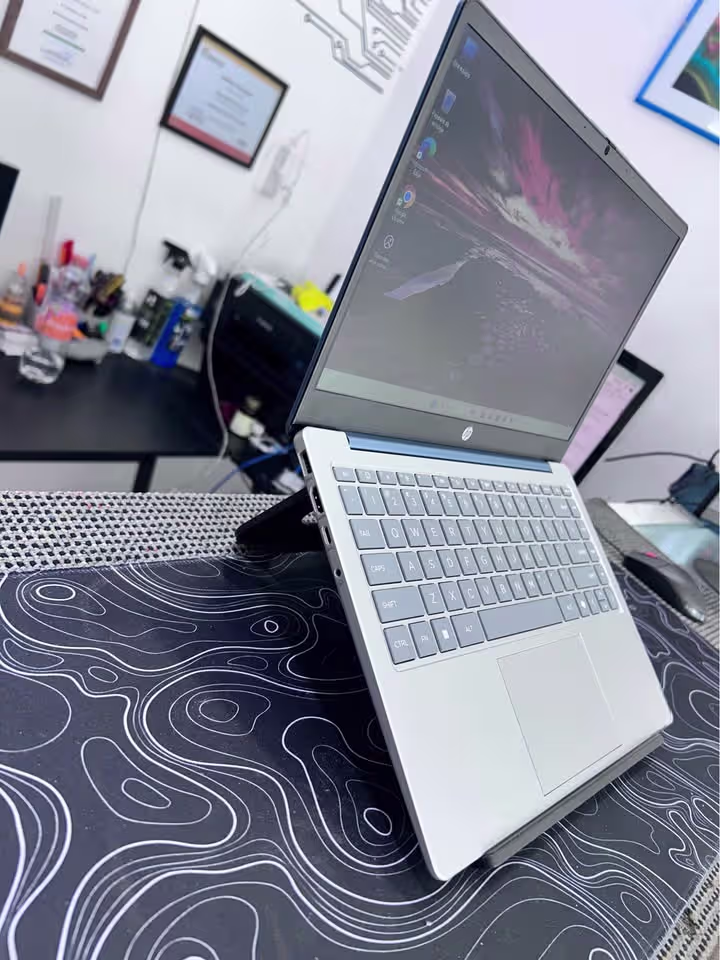 HP Professional 14 laptop close-up of left side ports including USB-A, USB-C, and audio jack, silver finish  and display open