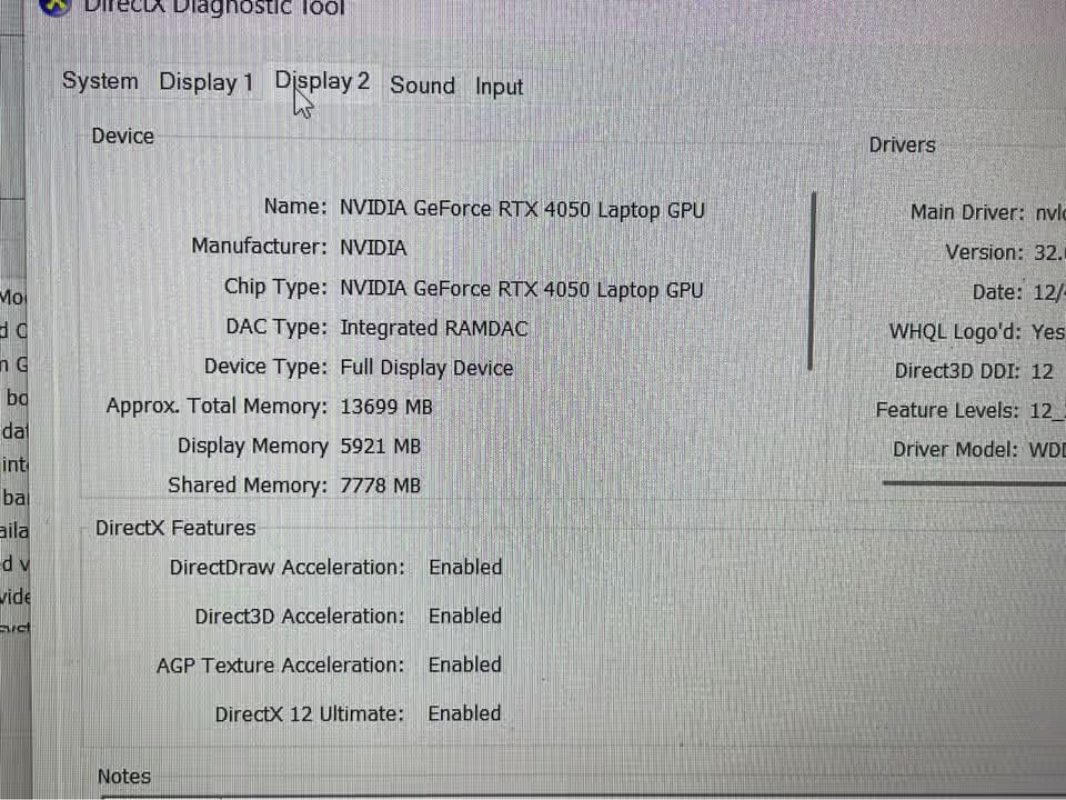 Lenovo LOQ Essential Ryzen 7 laptop with NVIDIA GeForce RTX 4050 Laptop GPU shown in a close-up DirectX Diagnostic Tool screenshot