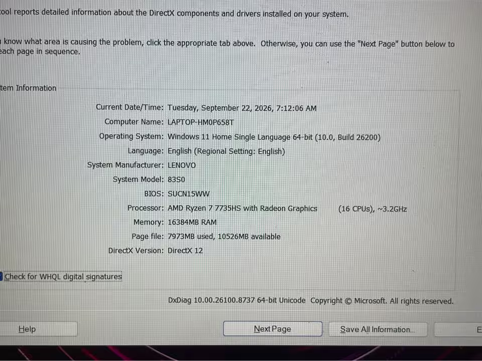 Lenovo LOQ Essential Ryzen 7 RTX 4050 laptop showing Windows 11 system information and AMD Ryzen 7 7735HS processor details in a close view