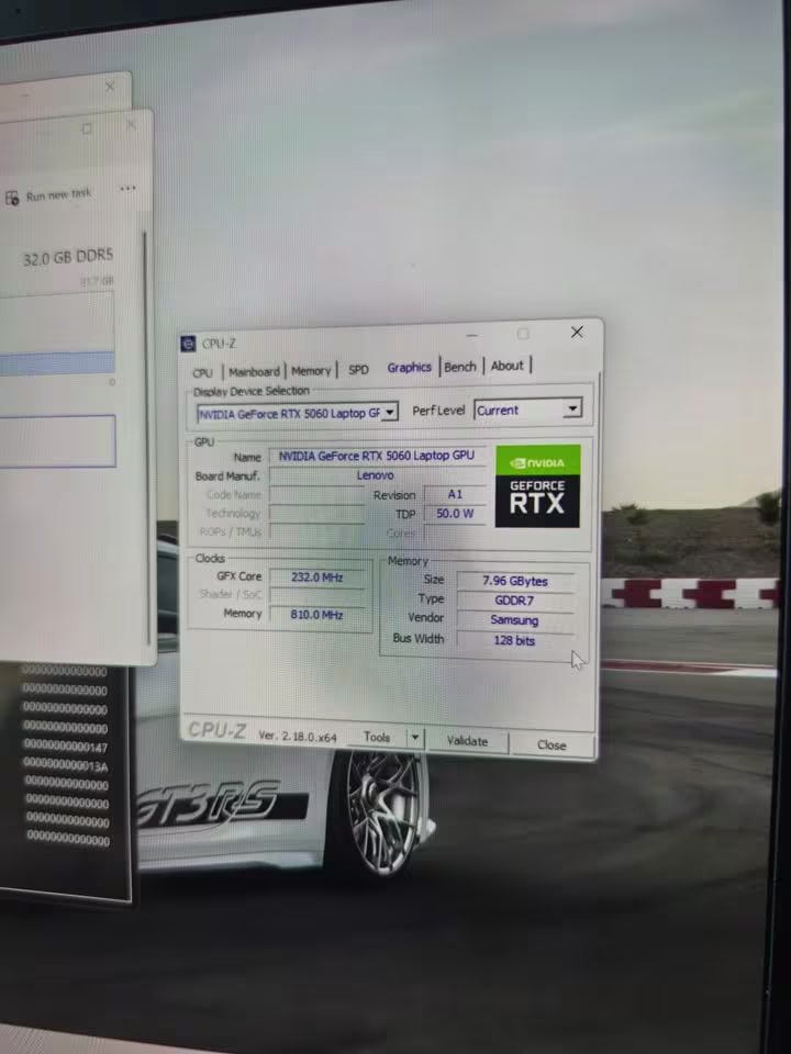 Lenovo Legion 5 Core i7 laptop showing NVIDIA GeForce RTX 5060 Laptop GPU stats in a CPU-Z screenshot, including 8GB GDDR7 memory and 128-bit bus width, close view