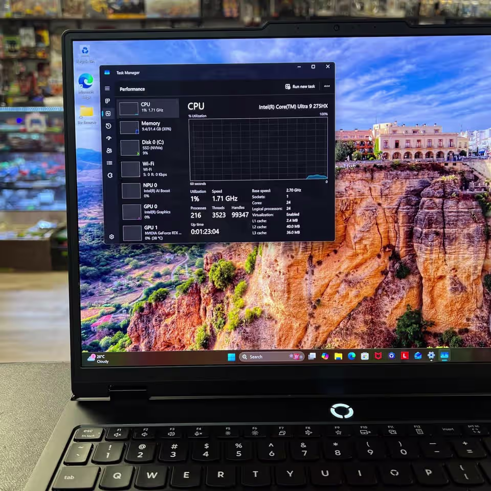 Lenovo Legion Pro 5 laptop displaying Windows Task Manager with Intel Core Ultra 9 275HX CPU performance stats — 24 cores, 24 logical processors, 2.70 GHz base speed, 1.71 GHz live utilization