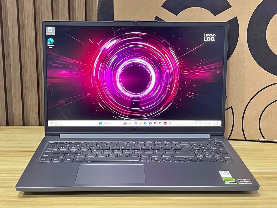 Lenovo LOQ Essential laptop with Ryzen 7 processor and RTX 4050 graphics, showing a vibrant high-contrast display in close view
