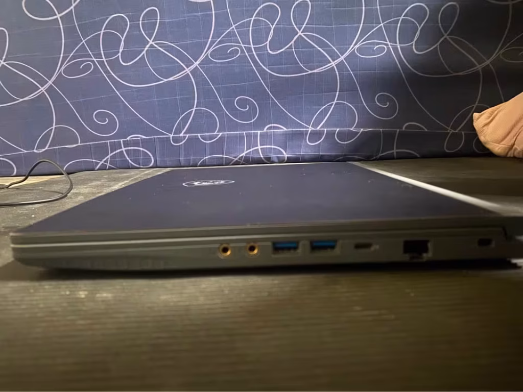 MSI Thin 15 Core i5 RTX 3050 laptop right side showing two USB A ports, USB Type C port, and RJ 45 Ethernet port