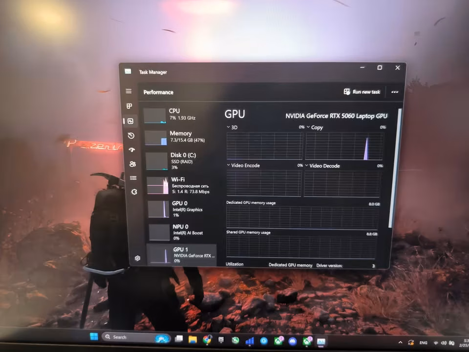 NVIDIA GeForce RTX 5060 Laptop GPU shown in Windows Task Manager during performance testing